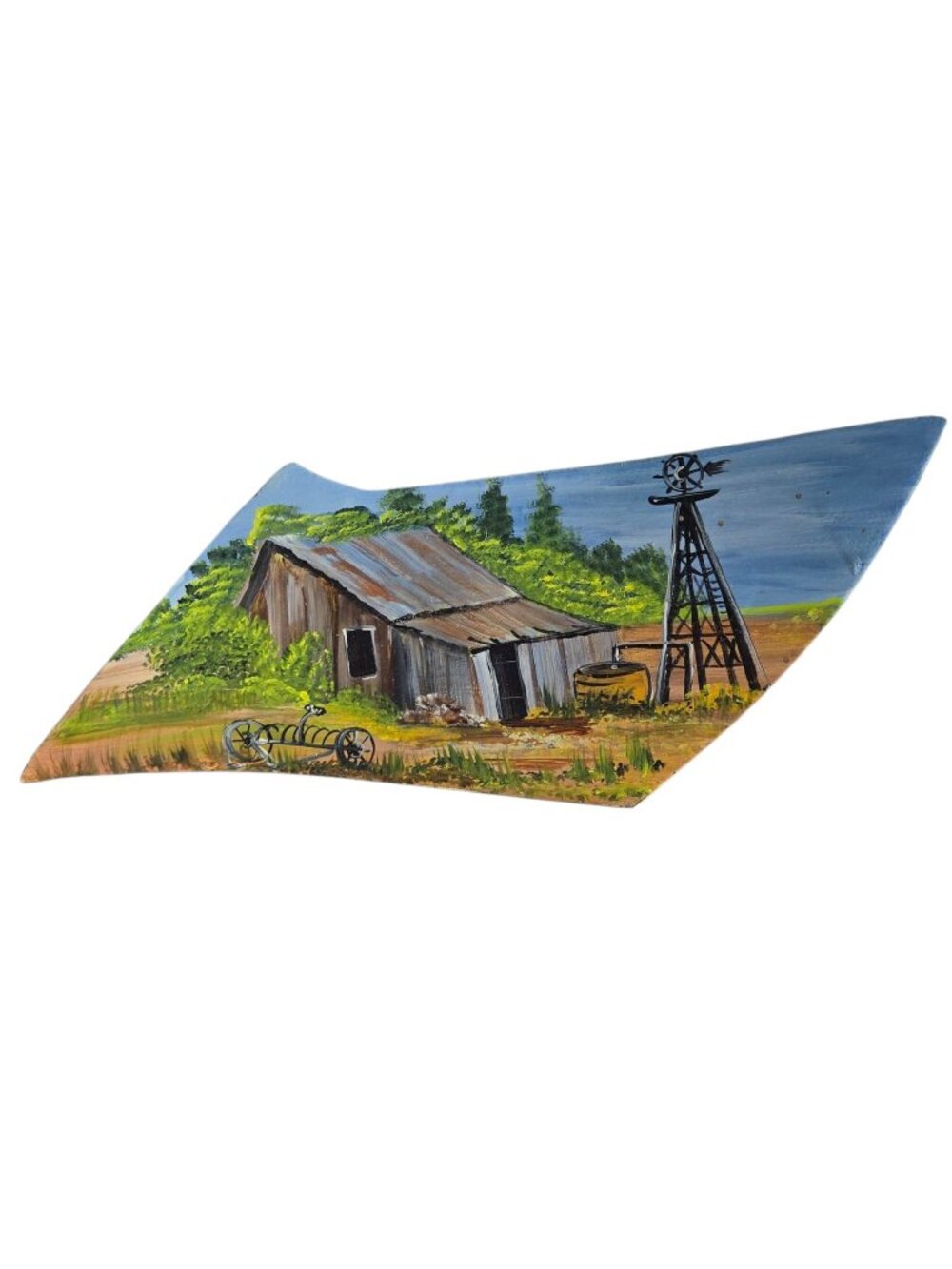 Vintage Barn Scene Folk Art Painted Metal Plow Blade Windmill Farmcore Farmhouse